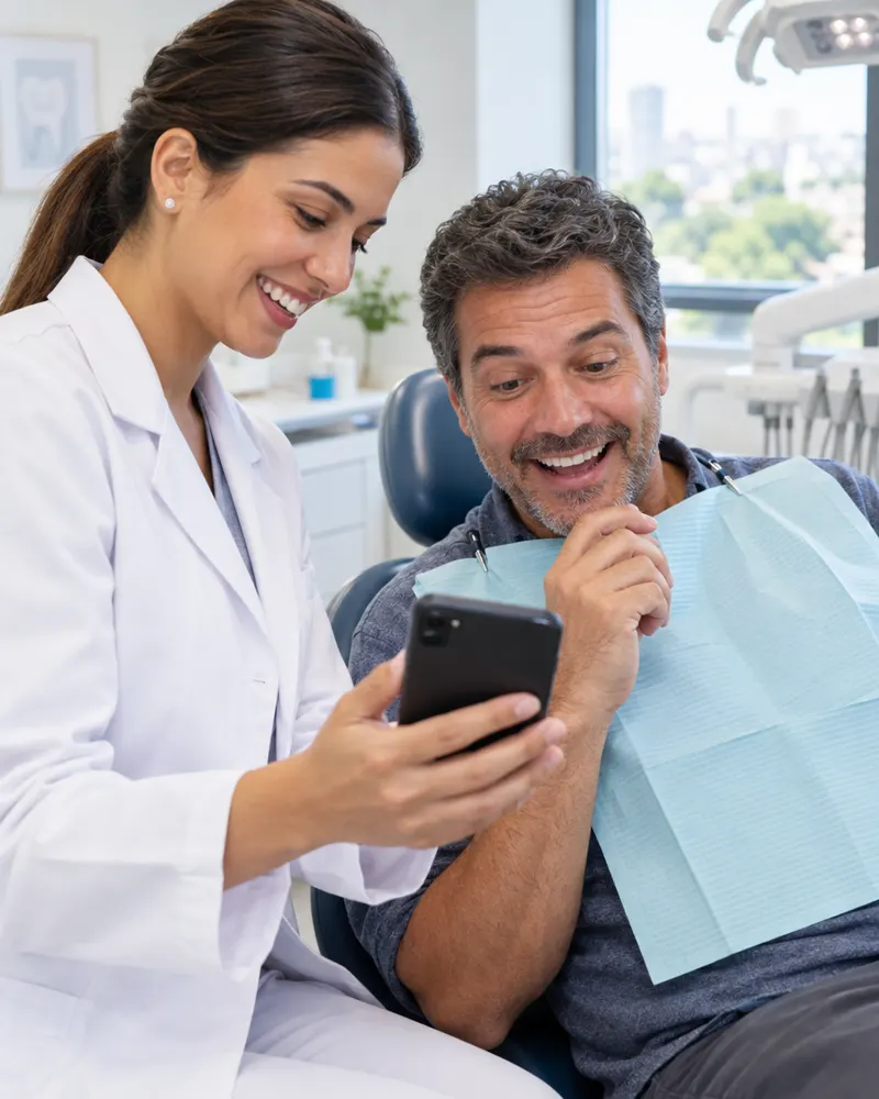 Dentista mostrando a prévia no celular para o paciente
