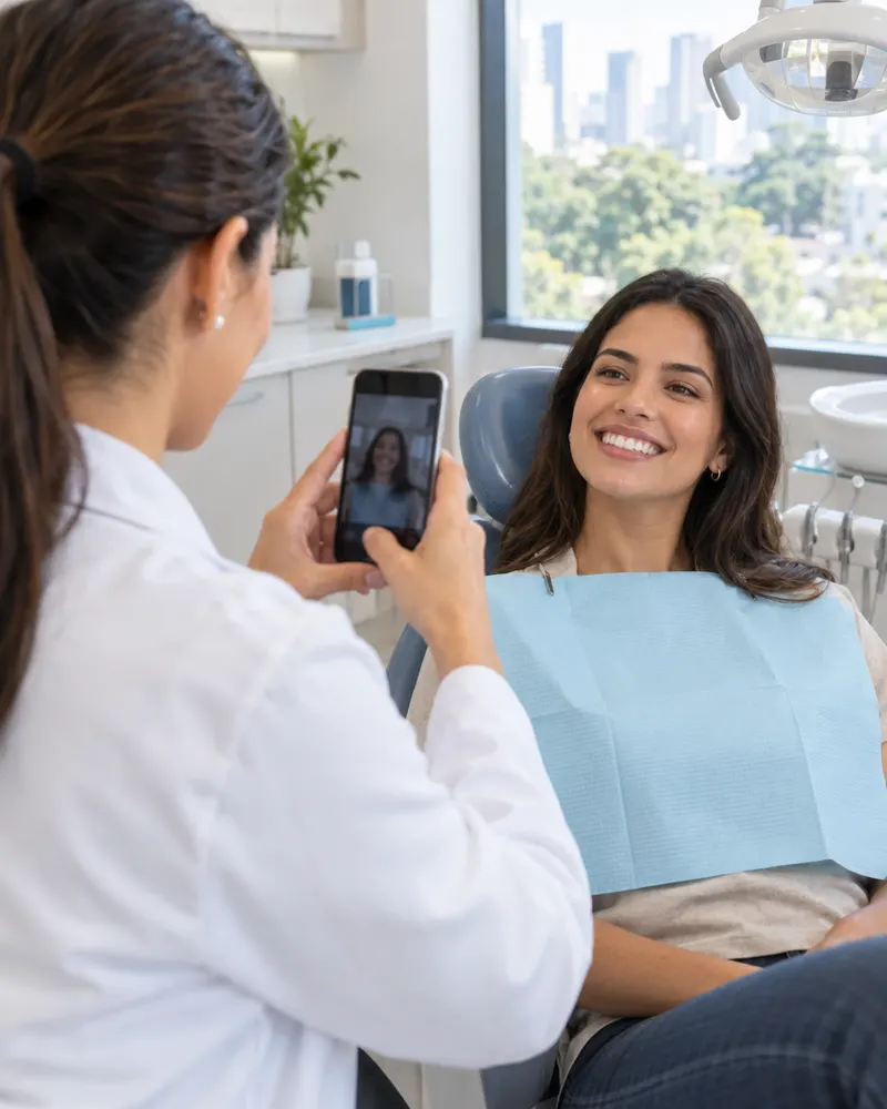 Dentista fotografando a paciente com o celular